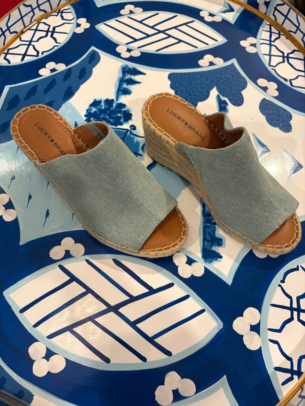 Lucky Brand Light Blue Denim Espadrille Wedge Mules 6.5